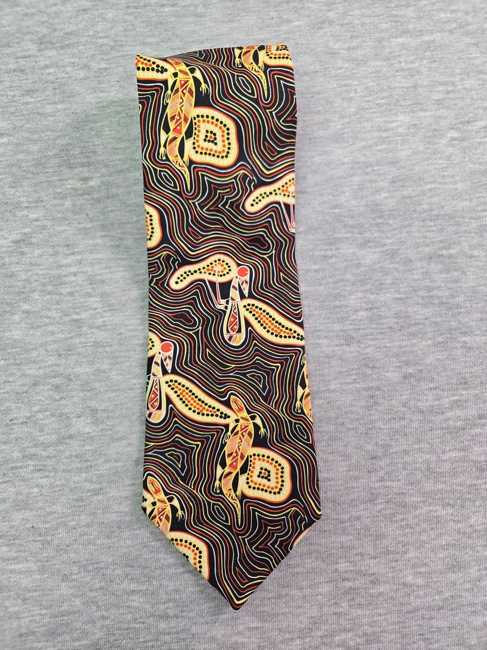 Mirriyindi Tie Mens One Size Black Silk Aboriginal Lizard Art Print Australia